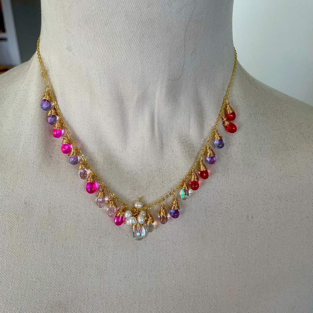 Jeweled Waterfall Necklace with Colorful Crystals and Pearls New
